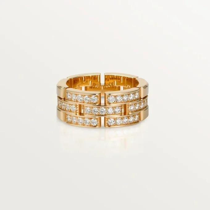 Bague Maillon Panthare, 3 demi-rangées pavées de diamants – Or rose, diamants – Cartier