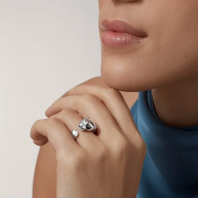 Bague Panthère de Cartier – Or blanc, grenats tsavorites, onyx – Cartier