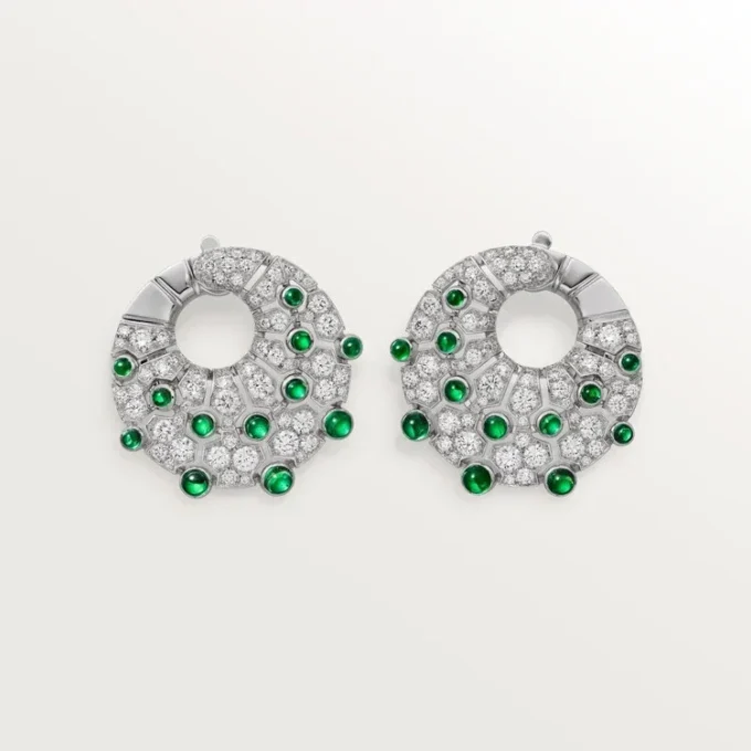Boucles d&rsquo;oreilles créoles « Le Voyage Recommence », émeraudes, pavées