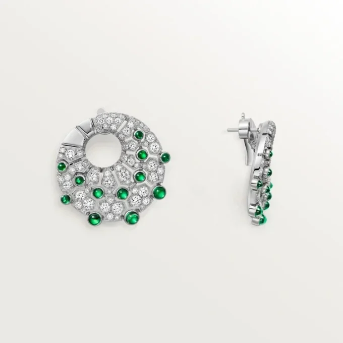 Boucles d&rsquo;oreilles créoles « Le Voyage Recommence », émeraudes, pavées