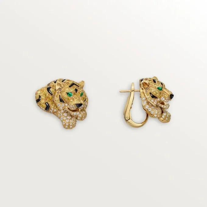Boucles d&rsquo;oreilles « Faune et Flore de Cartier », diamants jaunes, orange et bruns, pavés