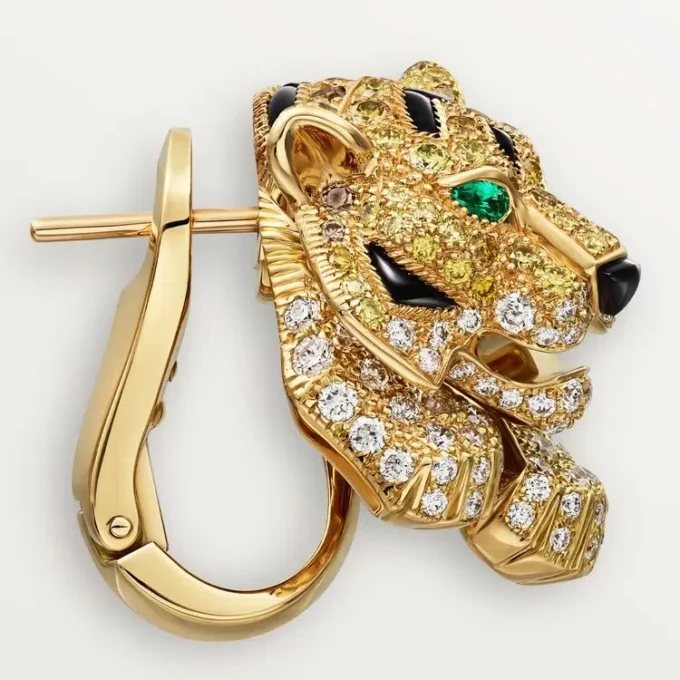 Boucles d&rsquo;oreilles « Faune et Flore de Cartier », diamants jaunes, orange et bruns, pavés