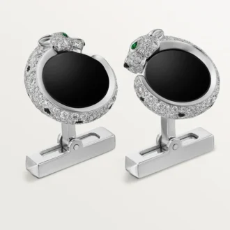 Boutons de manchette Panthere De Cartier – Or blanc rhodié, diamants, émeraudes, onyx – Cartier