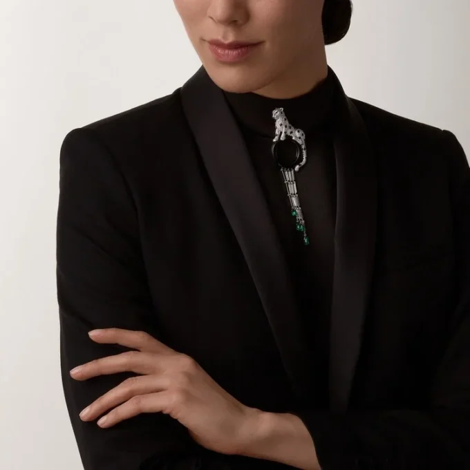 Broche Panthère de Cartier – Or blanc, émeraudes, onyx, diamants – Cartier