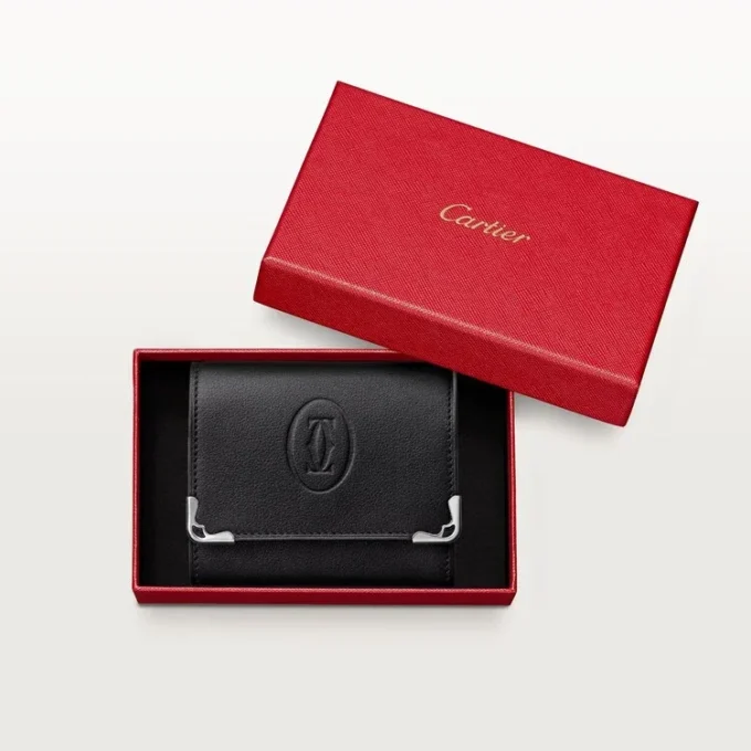 Porte-monnaie carré, Must De Cartier – Cuir de veau noir, finition en acier inoxydable – Cartier