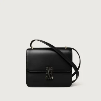 Sac à bandoulière, Mini, Double C de Cartier – Cuir de veau noir, finition en or et émail noir – Cartier